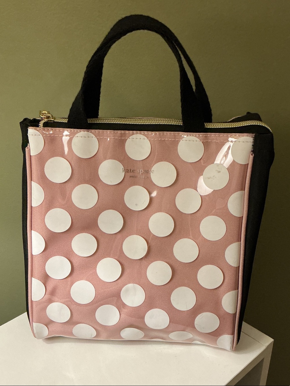 kate spade Jumbo Dot Insulated Lunch Tote Pink Black Body Clear Dot Vinyl Top